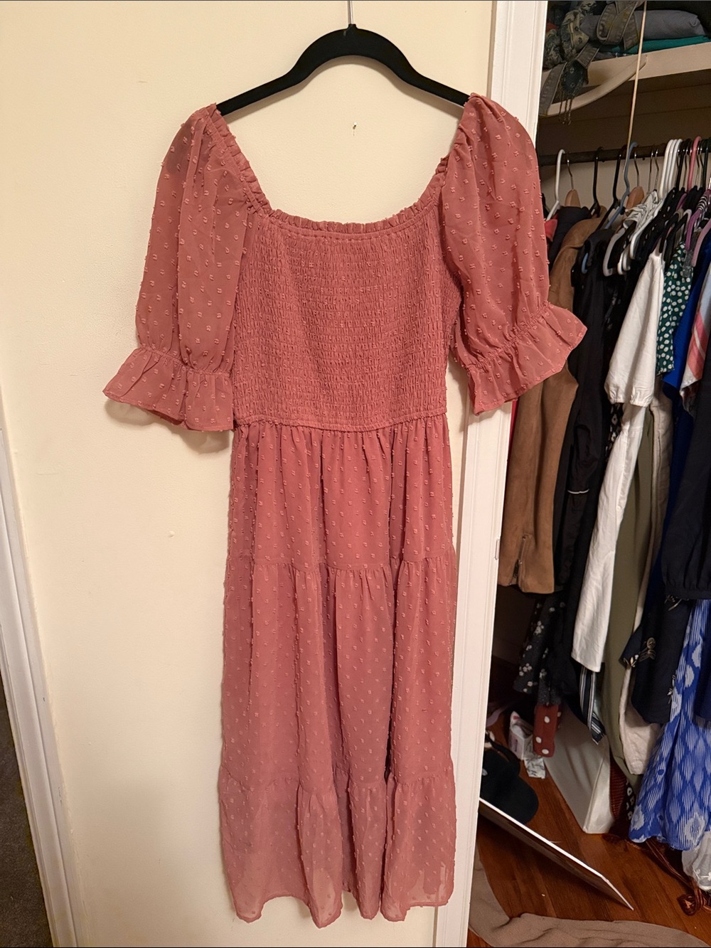Smocked Dusty Rose Maxi Dress with Swiss Dot Detail